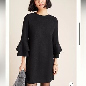By Anthropologie Claudette Black Shimmer Tiered  Ruffled Sleeves Sweater Dress M